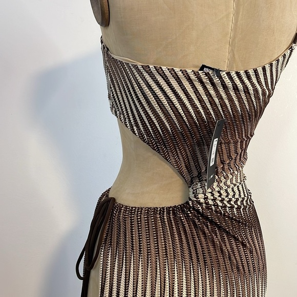 NWT Fashion Nova Dress X-Small Paradise Maxi Brown Cream Open Side High Slit - Picture 12 of 14